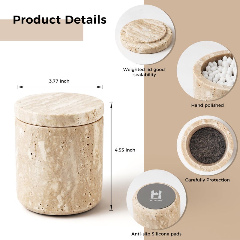 WORHE Travertine Qtip Holder Dispenser with Lid for Cotton Swabs Balls Pads Floss Picks Large Capacity Marble Apothecary Jar for Bathroom Essentials Decor  Vanity Makeup Storage Organizer Beige(WH050) - Image 3